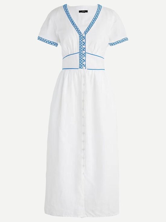 J. Crew Dresses & Skirts - J. Crew 100% Linen Embroidered White Midi Dress with Blue Trim V-Neck, US 6
